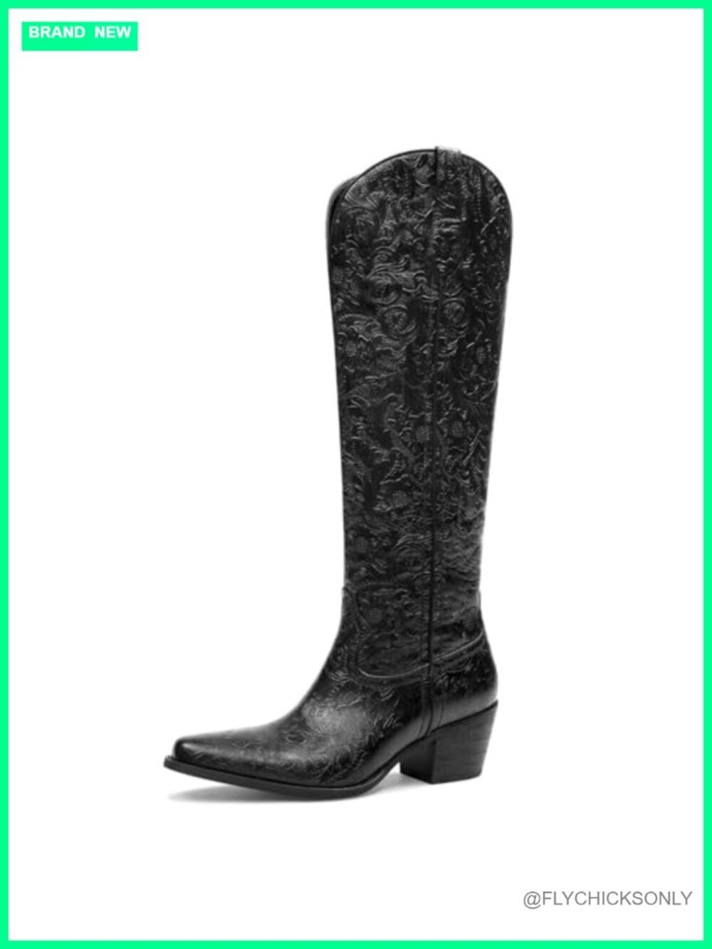 Women's Knee High Cowboy Boots Embossed Pointed Toe Block Heel Pull On Zipper